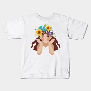 Woman With Floral Wreath Kids T-Shirt